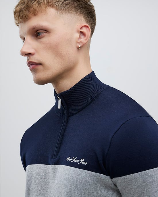 River Island Mens Jumper Navy Slim Fit Colour Block Half Zip - Image 4