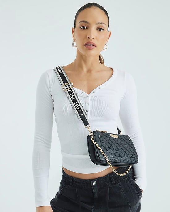 River Island Womens Crossbody Bag Black Monogram Print Chain - Image 5
