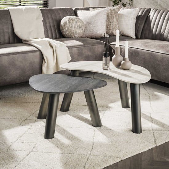 Hoyz salontafel twin organisch set van 2 3d keramiek travertin - Image 1