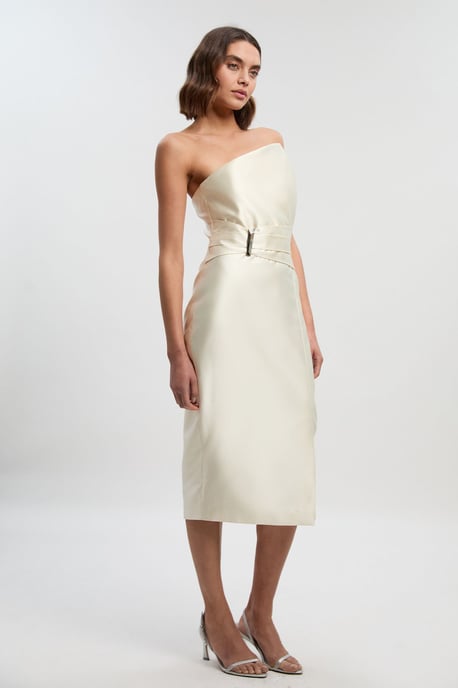 Satin Twill Trim Detail Structured Asymmetric Neck Tailored Midi Dress - Image 1