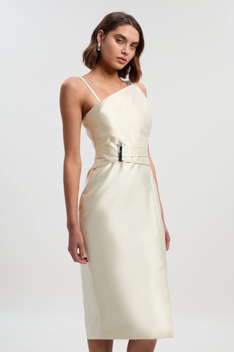 Satin Twill Trim Detail Structured Asymmetric Neck Tailored Midi Dress - Image 2