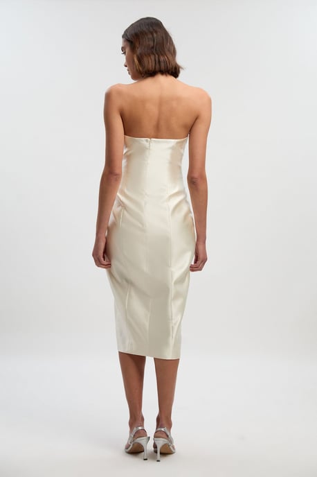 Satin Twill Trim Detail Structured Asymmetric Neck Tailored Midi Dress - Image 5