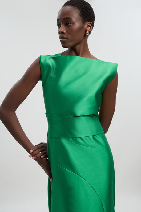 Satin Twill Draped Waist Structured Tailored Maxi Dress - Image 1