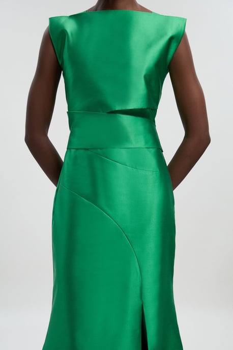 Satin Twill Draped Waist Structured Tailored Maxi Dress - Image 3