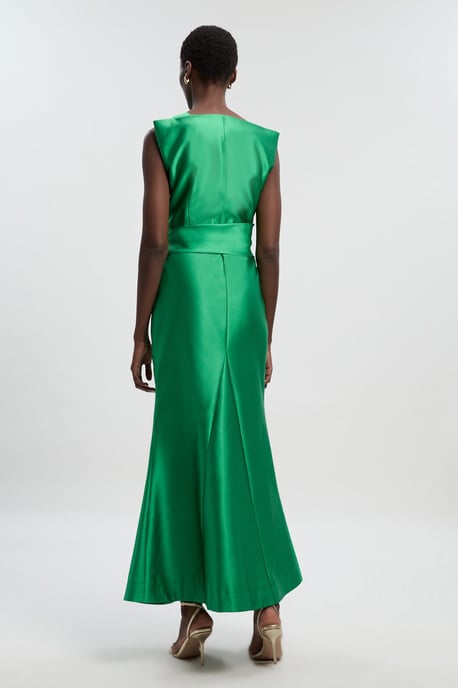 Satin Twill Draped Waist Structured Tailored Maxi Dress - Image 4