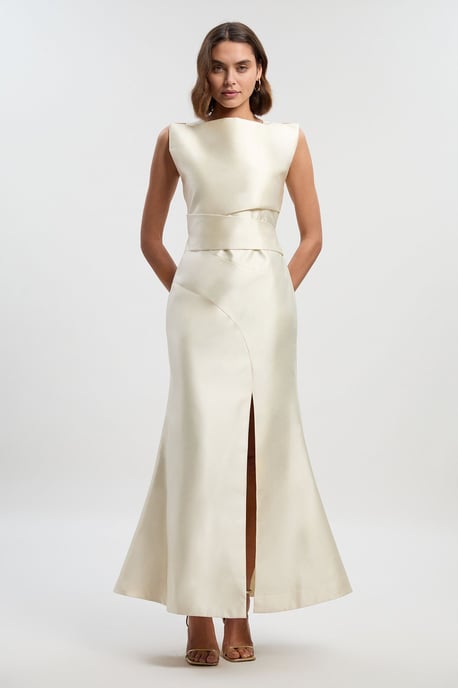 Satin Twill Draped Waist Structured Tailored Maxi Dress - Image 1