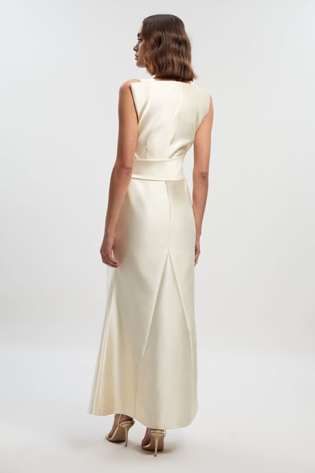Satin Twill Draped Waist Structured Tailored Maxi Dress - Image 4