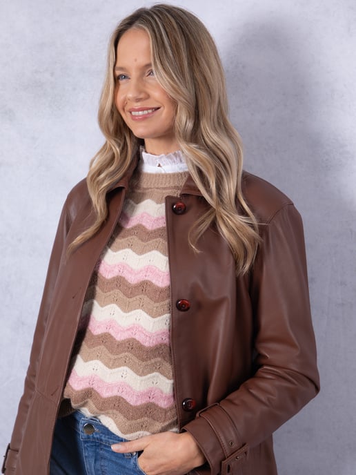 Marton Longline Button Down Leather Coat in Cognac - Image 2