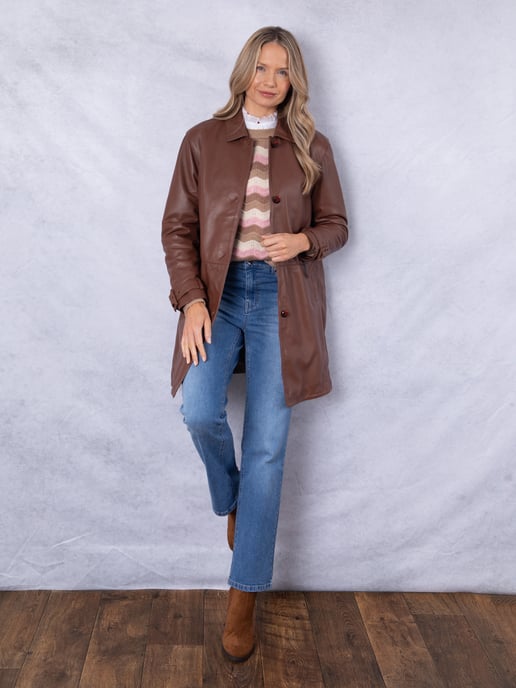 Marton Longline Button Down Leather Coat in Cognac - Image 3