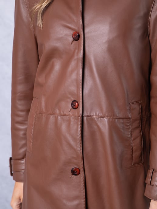Marton Longline Button Down Leather Coat in Cognac - Image 4