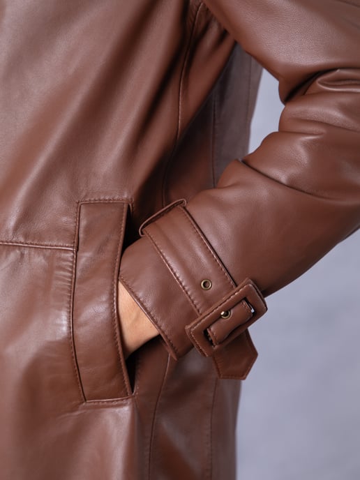 Marton Longline Button Down Leather Coat in Cognac - Image 5