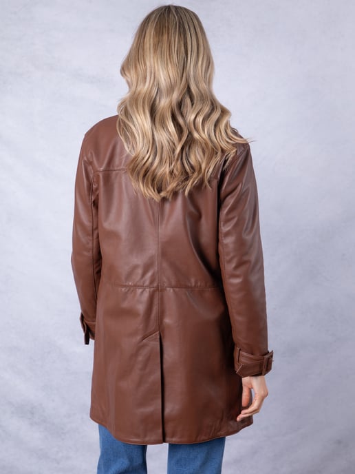 Marton Longline Button Down Leather Coat in Cognac - Image 6