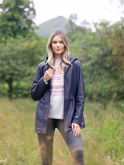 Patterdale Hooded Leather Coat in Plum - Image 3