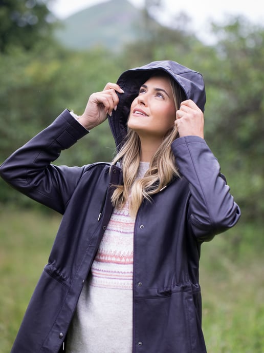 Patterdale Hooded Leather Coat in Plum - Image 4
