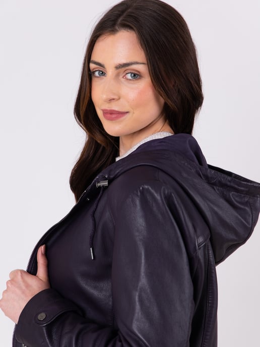 Patterdale Hooded Leather Coat in Plum - Image 5
