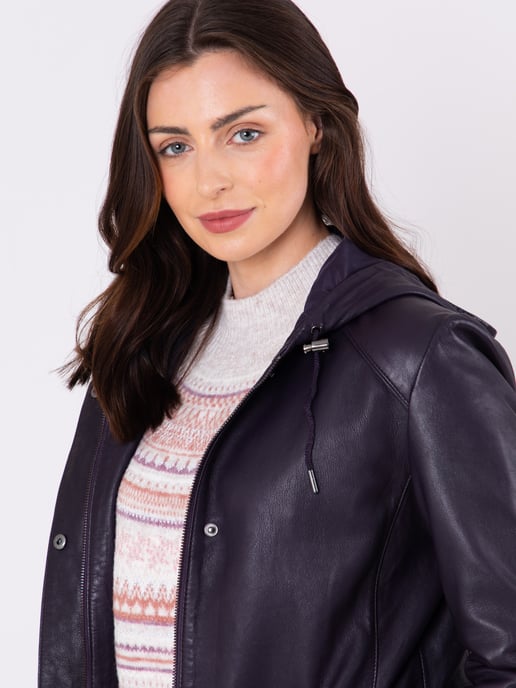 Patterdale Hooded Leather Coat in Plum - Image 6