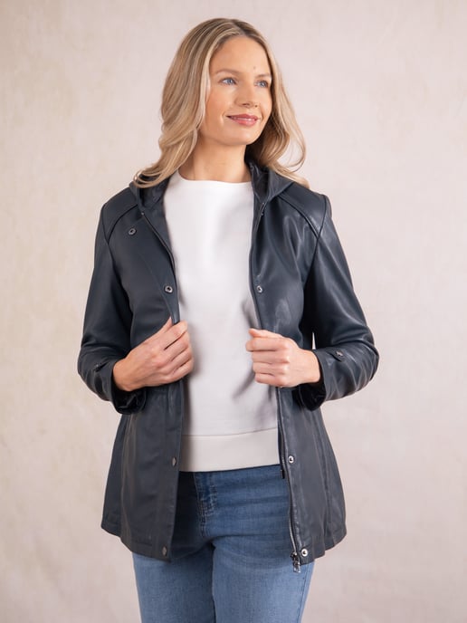 Patterdale Hooded Leather Coat in Navy - Image 2