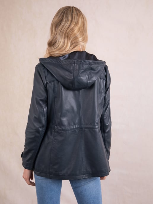 Patterdale Hooded Leather Coat in Navy - Image 3