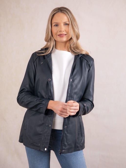 Patterdale Hooded Leather Coat in Navy - Image 5