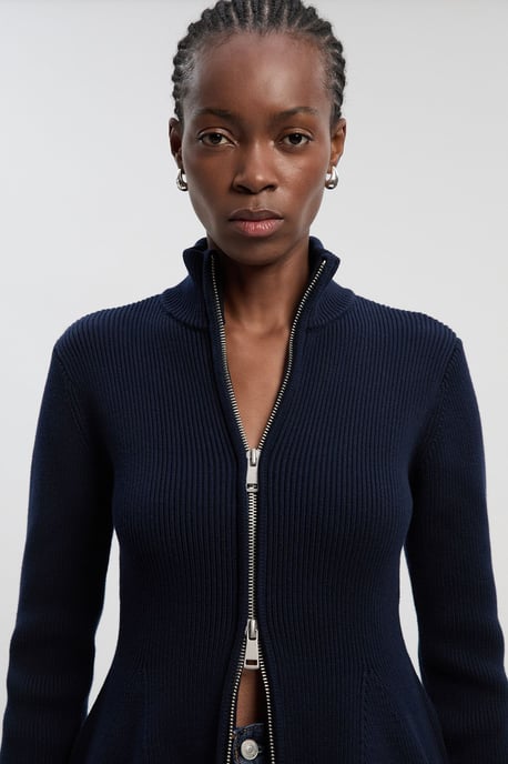 Cotton High Neck Zip Through Longline Knit Jacket - Image 2