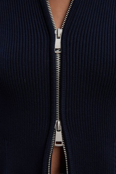 Cotton High Neck Zip Through Longline Knit Jacket - Image 3