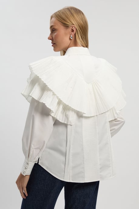 Cotton Poplin Ruffle Detail Long Sleeve Woven Collared Shirt - Image 4