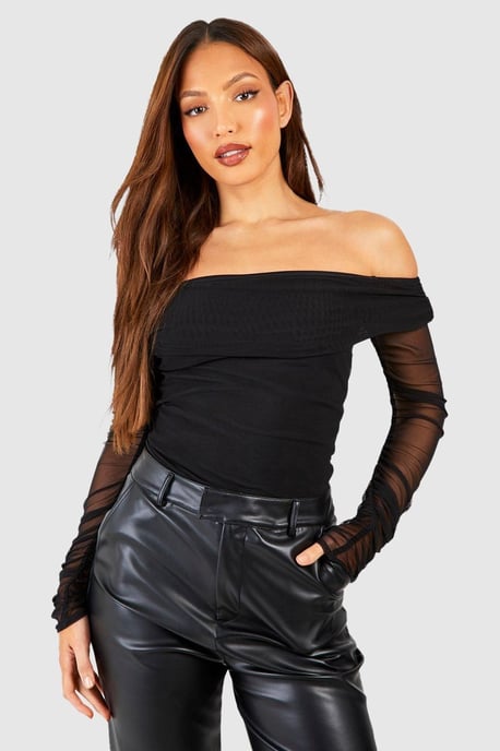 Tall Off The Shoulder Mesh Bodysuit - Image 1
