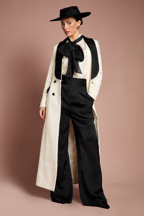 Lisa Tan Double Breasted Sequin Tweed Maxi Coat - Image 1