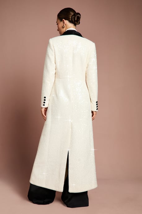 Lisa Tan Double Breasted Sequin Tweed Maxi Coat - Image 3