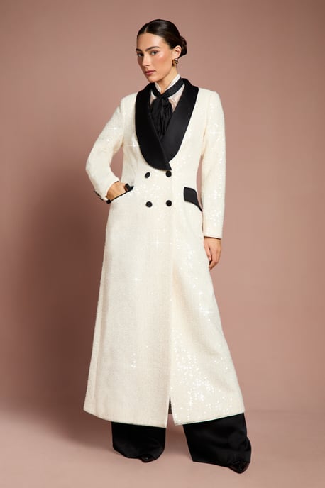 Lisa Tan Double Breasted Sequin Tweed Maxi Coat - Image 4