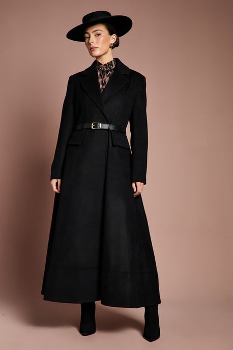 Lisa Tan Occasion Skirt Detail Belted Longline Coat - Image 1