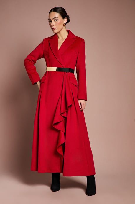 Lisa Tan Occasion Gold Belt Ruffle Detail Longline Coat - Image 2