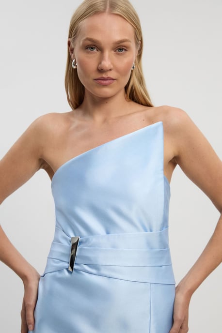 Satin Twill Trim Detail Structured Asymmetric Neck Tailored Midi Dress - Image 3
