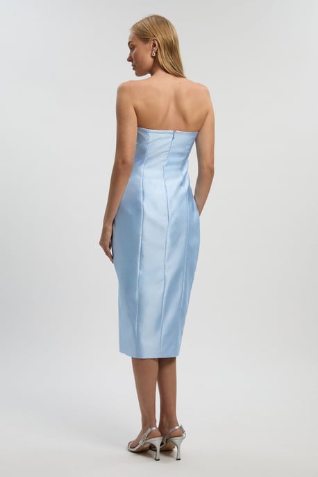 Satin Twill Trim Detail Structured Asymmetric Neck Tailored Midi Dress - Image 4