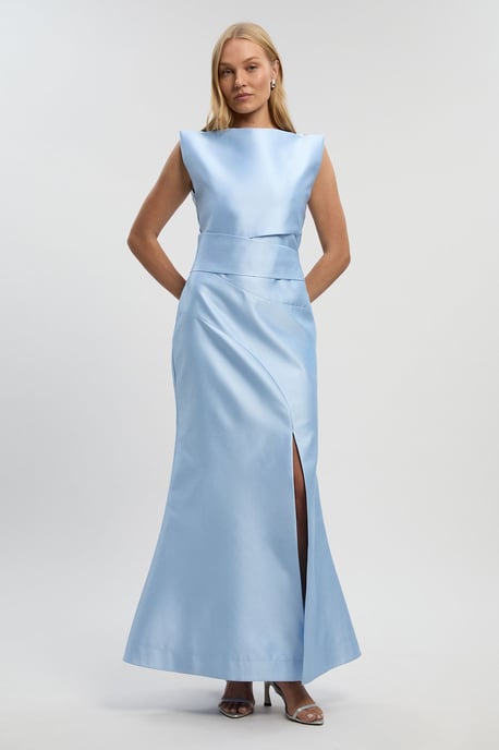Satin Twill Draped Waist Structured Tailored Maxi Dress - Image 1