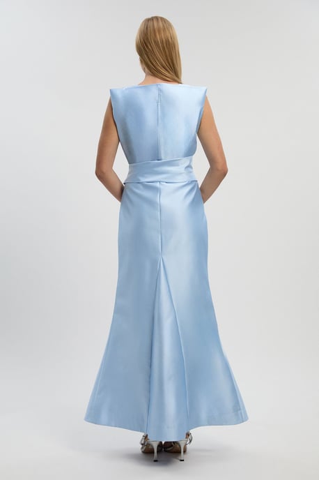 Satin Twill Draped Waist Structured Tailored Maxi Dress - Image 4