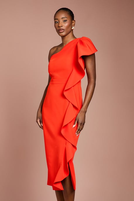 One Shoulder Ruffle Crepe Pencil Midi Dress - Image 1