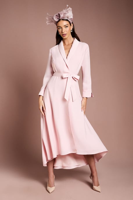 Lisa Tan Collared Satin Belted Wrap Dress - Image 1