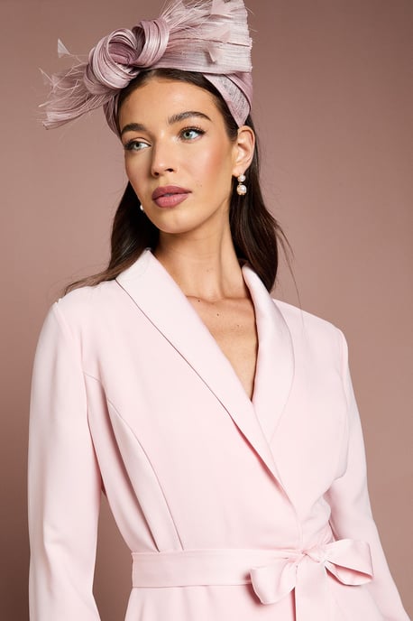 Lisa Tan Collared Satin Belted Wrap Dress - Image 4