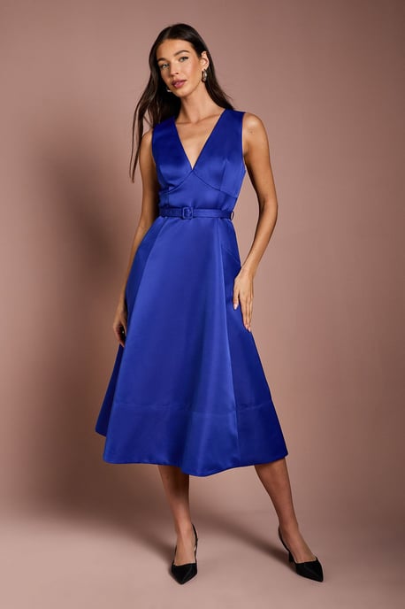 V Neck Structured Satin Belted Midi Dress - Image 1