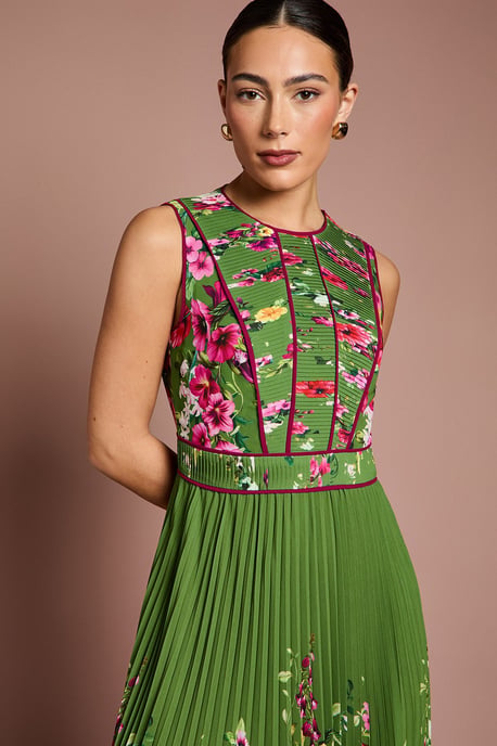 Lisa Tan Pleated Piped Bodice Printed Midi Dress - Image 2