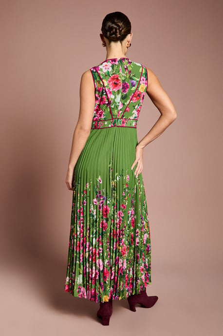 Lisa Tan Pleated Piped Bodice Printed Midi Dress - Image 3
