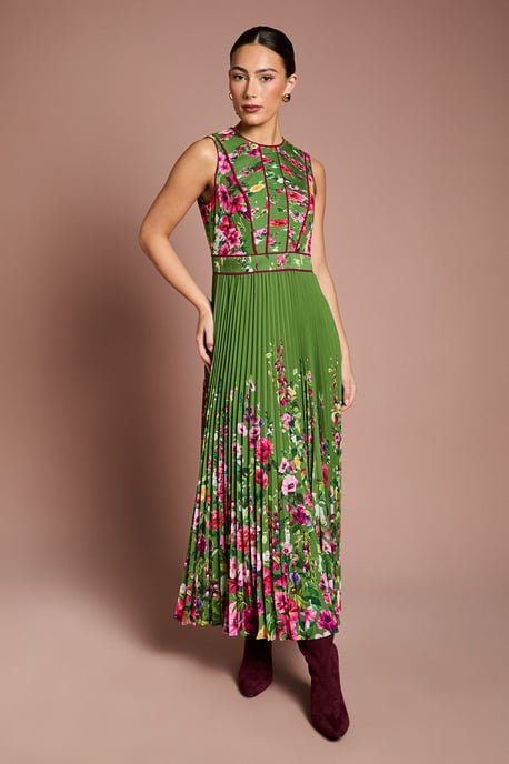 Lisa Tan Pleated Piped Bodice Printed Midi Dress - Image 4