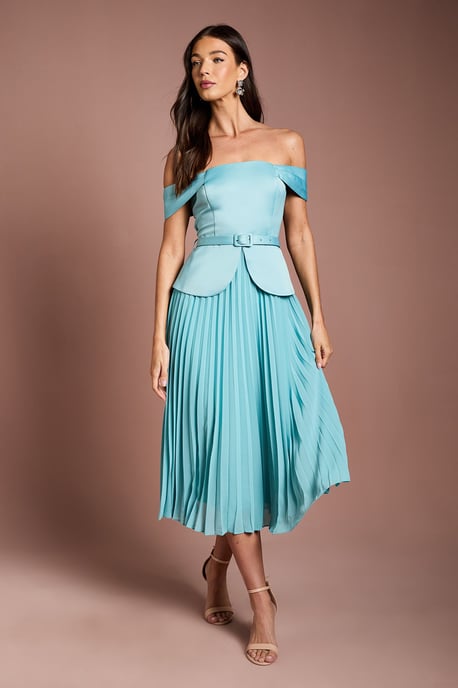 Satin Bardot Top Pleat Skirt Midi Dress - Image 1