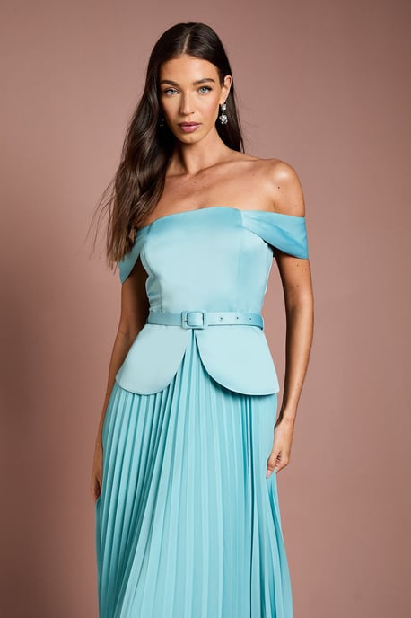 Satin Bardot Top Pleat Skirt Midi Dress - Image 2