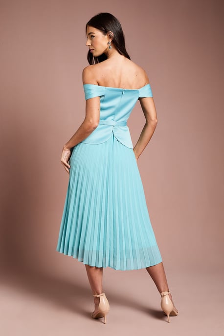 Satin Bardot Top Pleat Skirt Midi Dress - Image 3