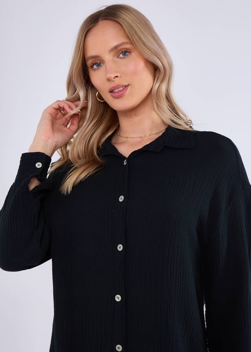 Black Cotton Textured Oversized Long Shirt - Image 2