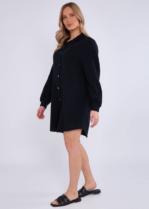 Black Cotton Textured Oversized Long Shirt - Image 3