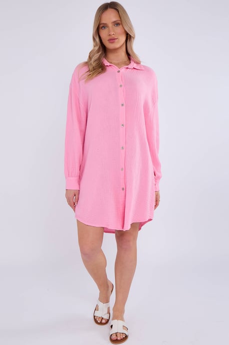 Pink Cotton Textured Oversized Long Shirt - Image 1
