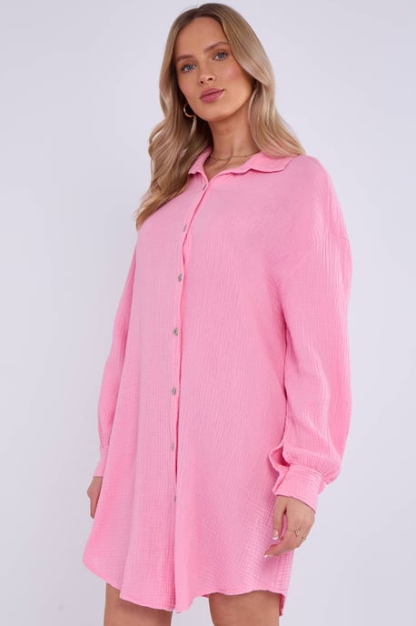 Pink Cotton Textured Oversized Long Shirt - Image 2